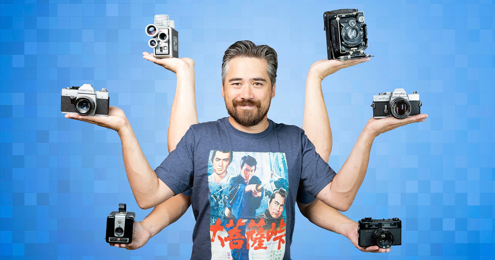 PetaPixel Podcast Chris Niccolls holding retro cameras